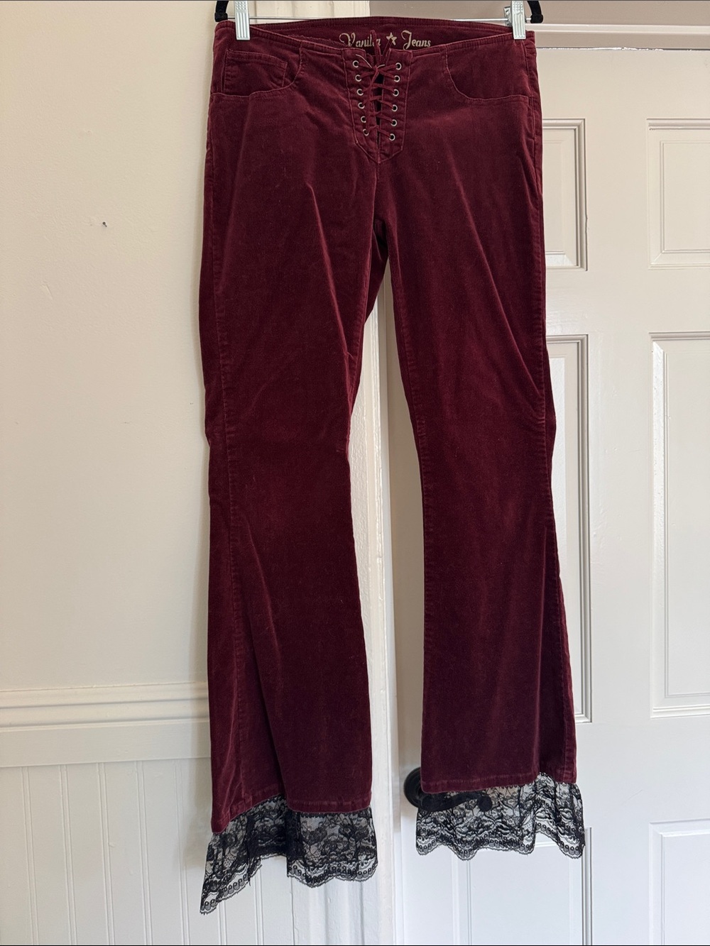Y2K Vintage Low Rise Tie Waist Burgundy Corduroy Jeans w/ Lace Hem